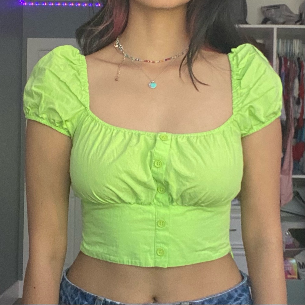 ZARA Lime Green Puff Sleeve Button Up Crop Top